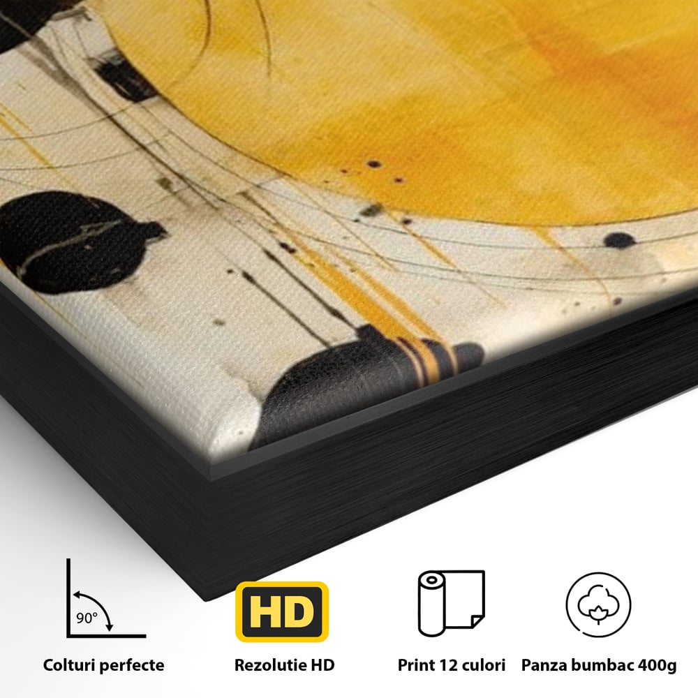 Detaliu al suprafetei: tablou canvas cu cercuri galbene si negre, in rama de aluminiu negru